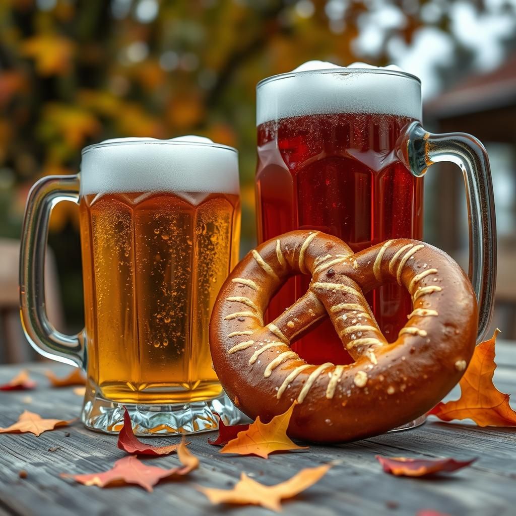 Beer and a large pretzel  by @Tiny Pearl Cat