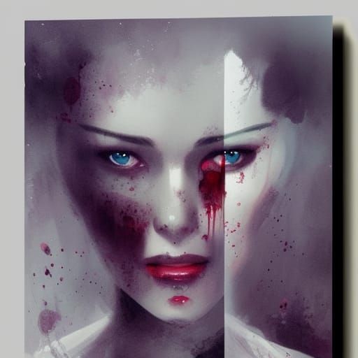 beautiful woman, pale face, blue eyes, bleeding on a bed of ...