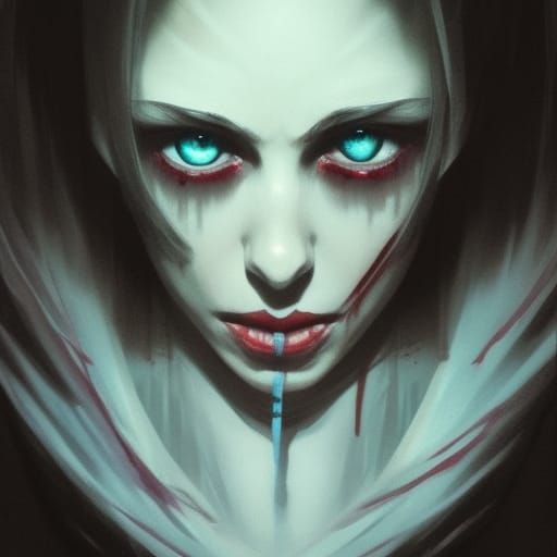 beautiful woman, pale face, blue eyes, bleeding on a bed of ...