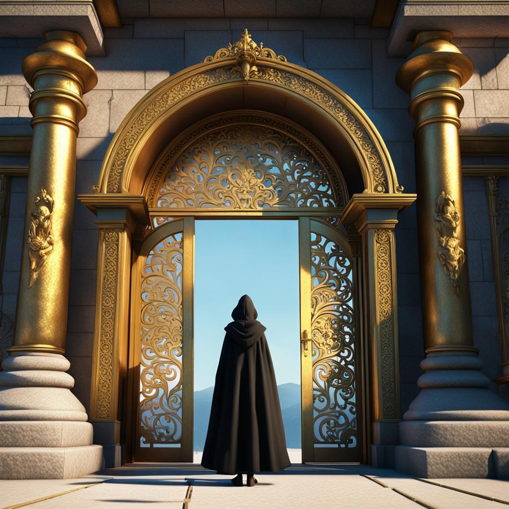 A GOLDEN GATES OF PARADISE 
 with a Dark Hooded LADY  Standi...