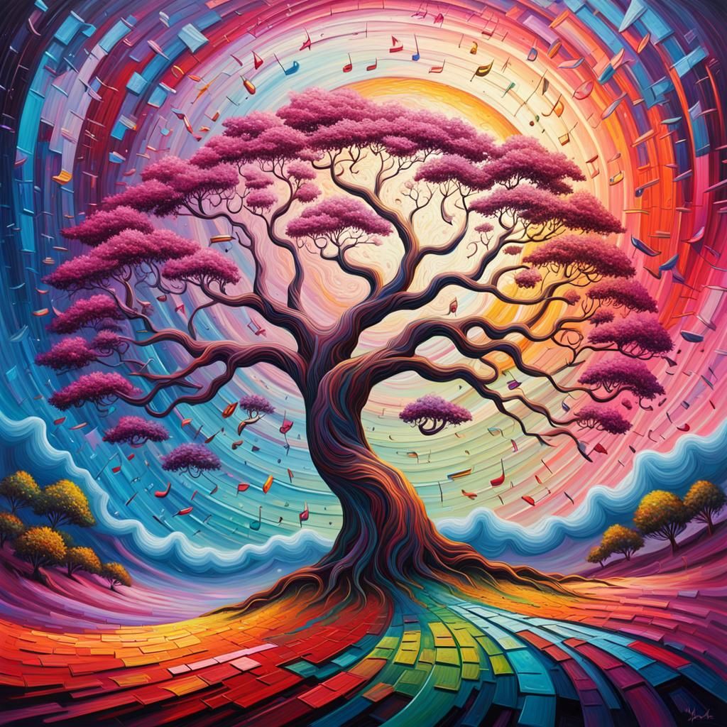 Mystical Tree in Surreal Neo-Impressionist Style