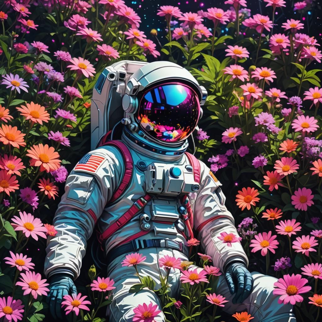 An astronaut lying in a garden of flowers. The universe is r...