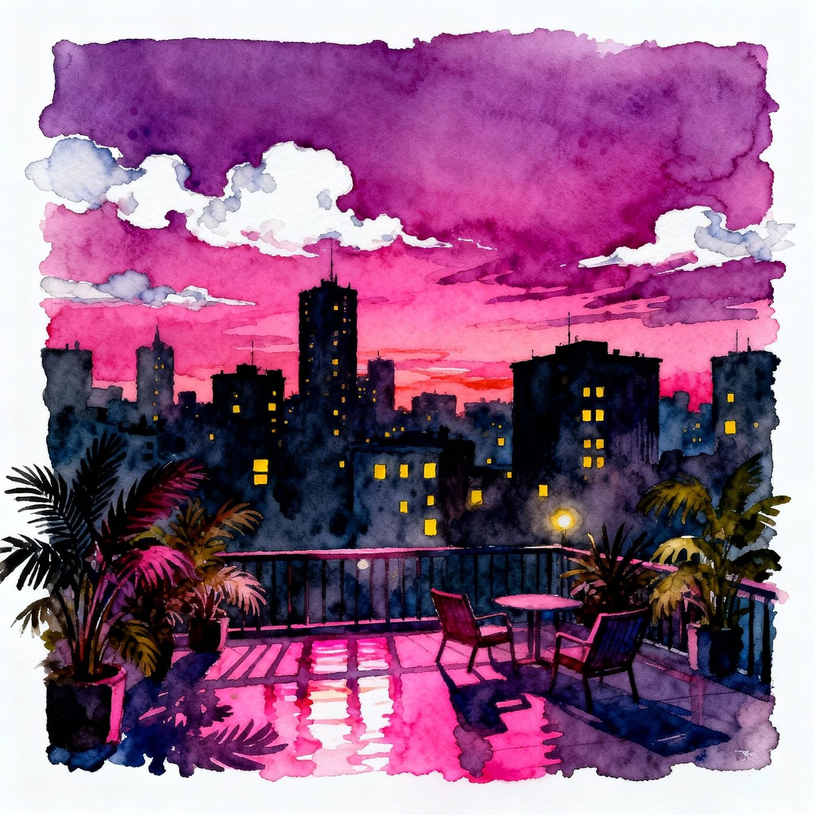 Watercolor Cityscape at Purple Sunset