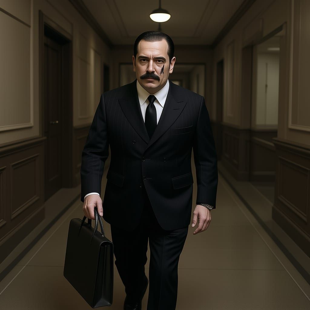 A chauffeur is standing on the sidewalk. It is 1930's. His is in uniform. He is muscular with a slight hunch. he has no facial hair. his eye...