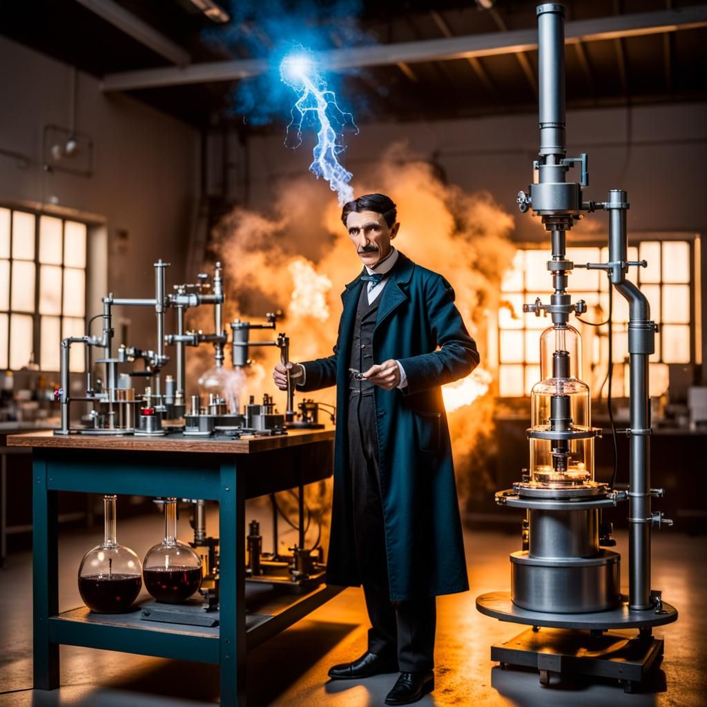 Nikola Tesla as a mad scientist  in science laboratory  doing  weird experiments   by @moalitisa