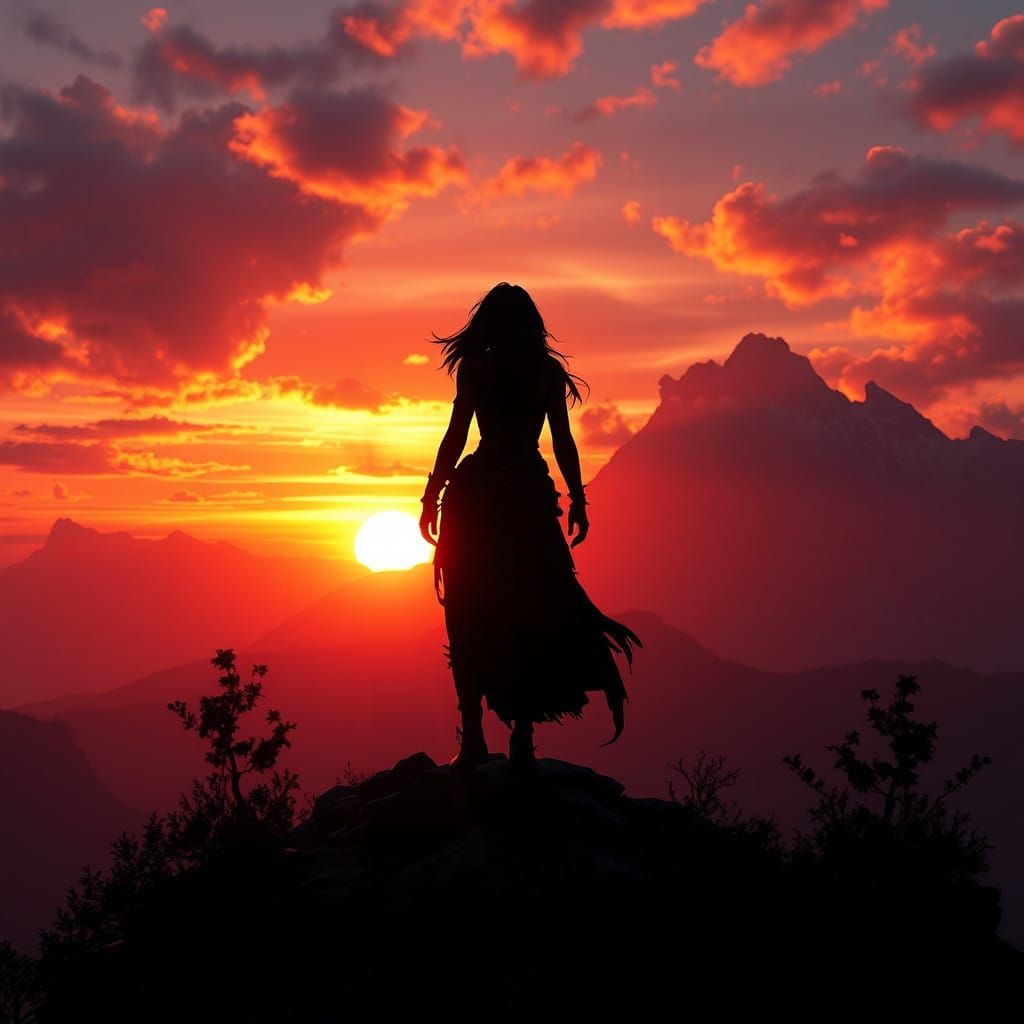 Fantastical Sunset Goddess on Mountaintop in Deep Color