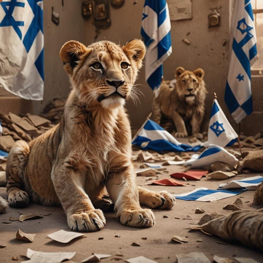 גור אריה רובץ ללא פחד ולידו על הרצפה דגלי ישראל פזורים