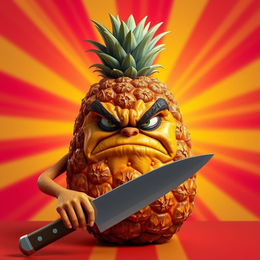 Pineapple of Frustration: A Grumpy Fruit Scowls at a Knife