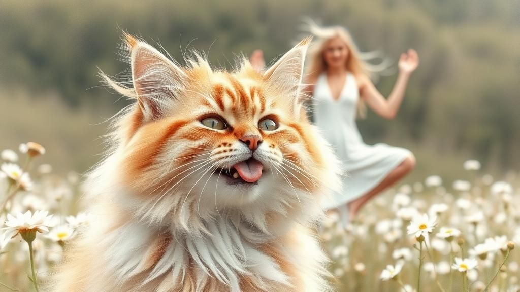 a picture of a funny fluffy cat with its tongue out, A woman with pale long windswept hair in a white ...  by @Kindly Offer