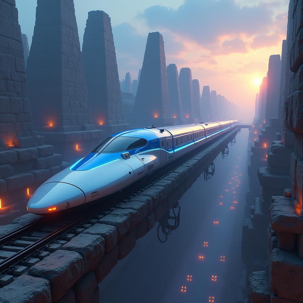 futuristic bullet train with elongated, aerodynamic curves speeds through a sprawling, ancient metropolis comprised of hundreds of intricat...