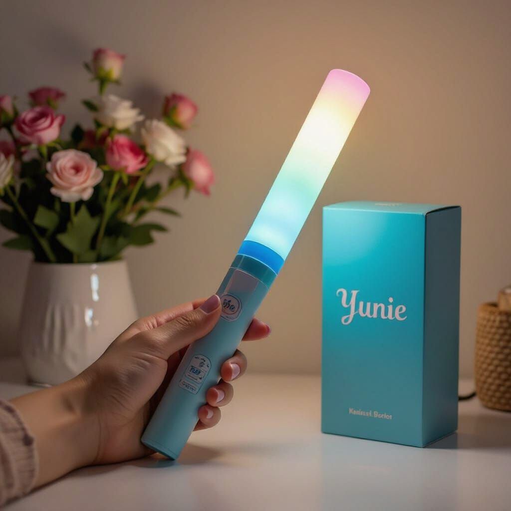 Créer moi un lightstick de kpop qui doit est cute et Bleu pastel avec d'autres couleurs mais pastel,il faut que sur le Manche il y ait écrit...