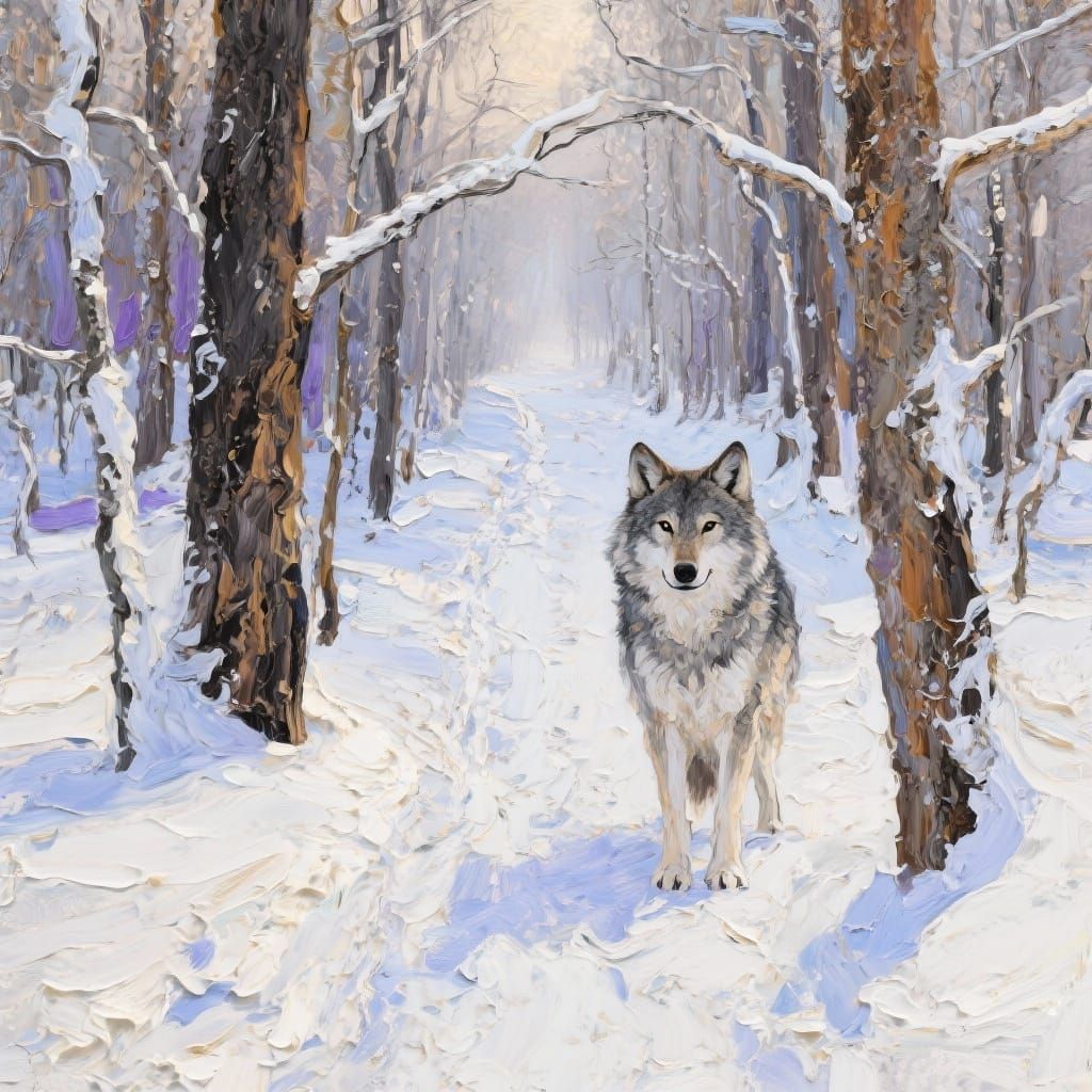 Wolf in Snowy Forest: Impasto Oil Painting