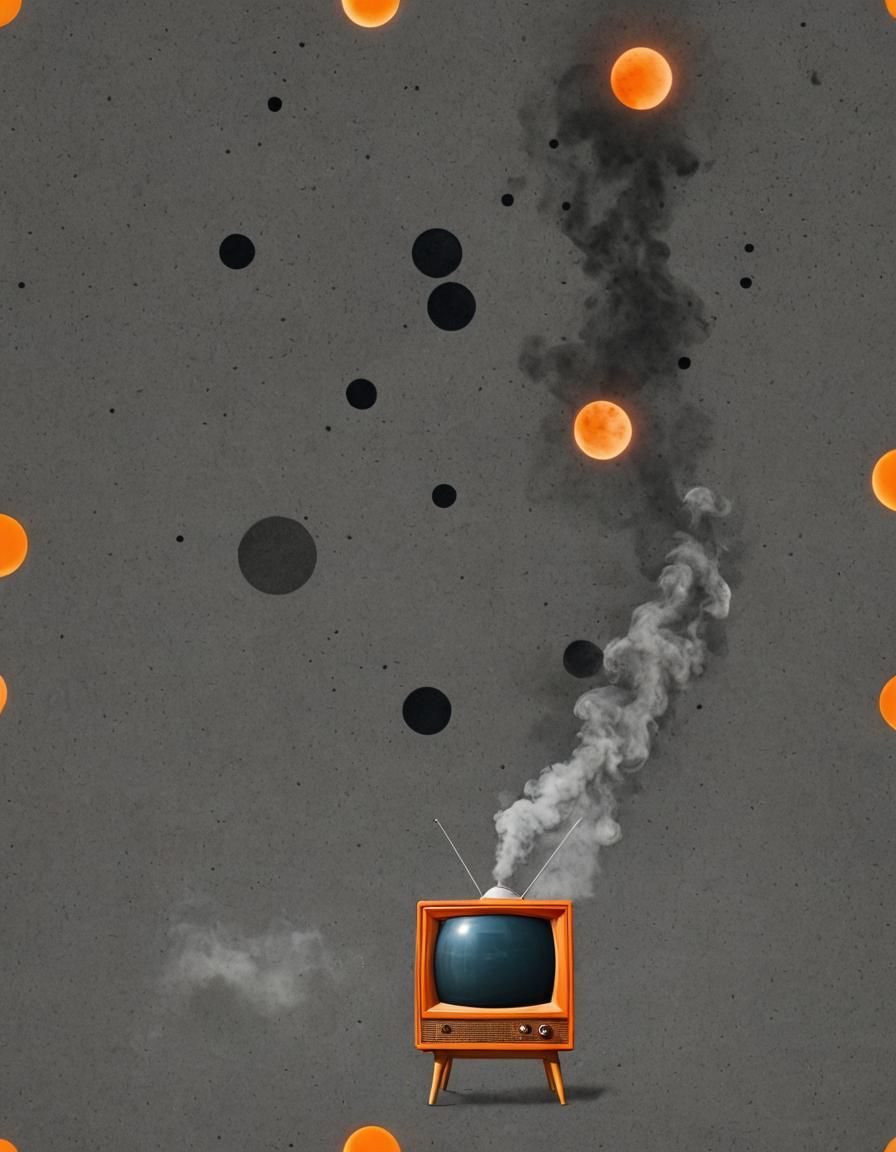 Vintage orange television with solar eclipse, smoke,  simple...