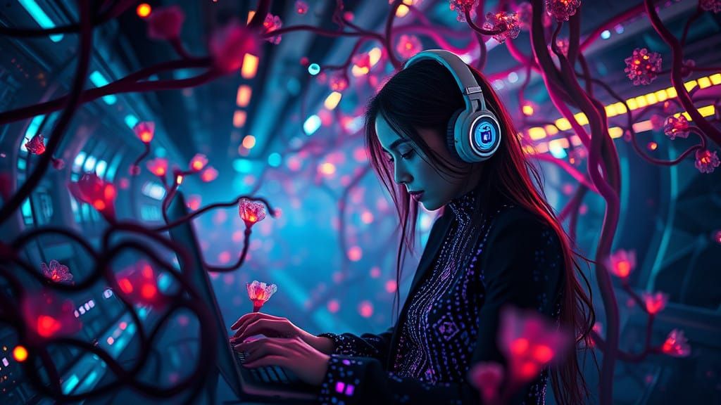 Cyberpunk female hacking in a dystopian ...  by @blenta