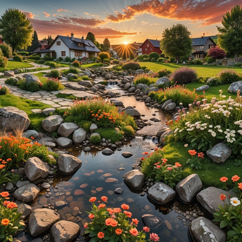 green sky, red coulds, orange big sun, big, medium stream in...