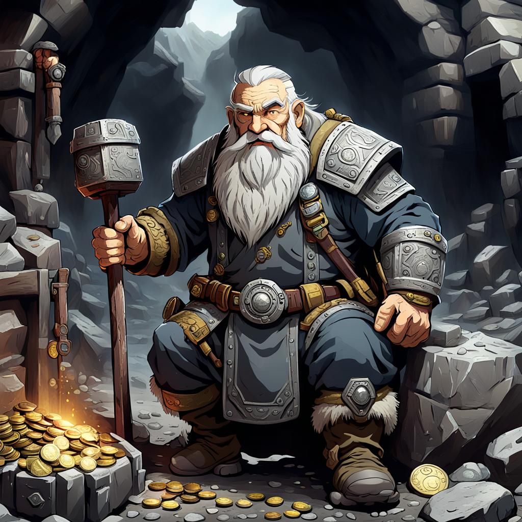 strong, old dwarven man, anime, white beard, mining gear, ho...