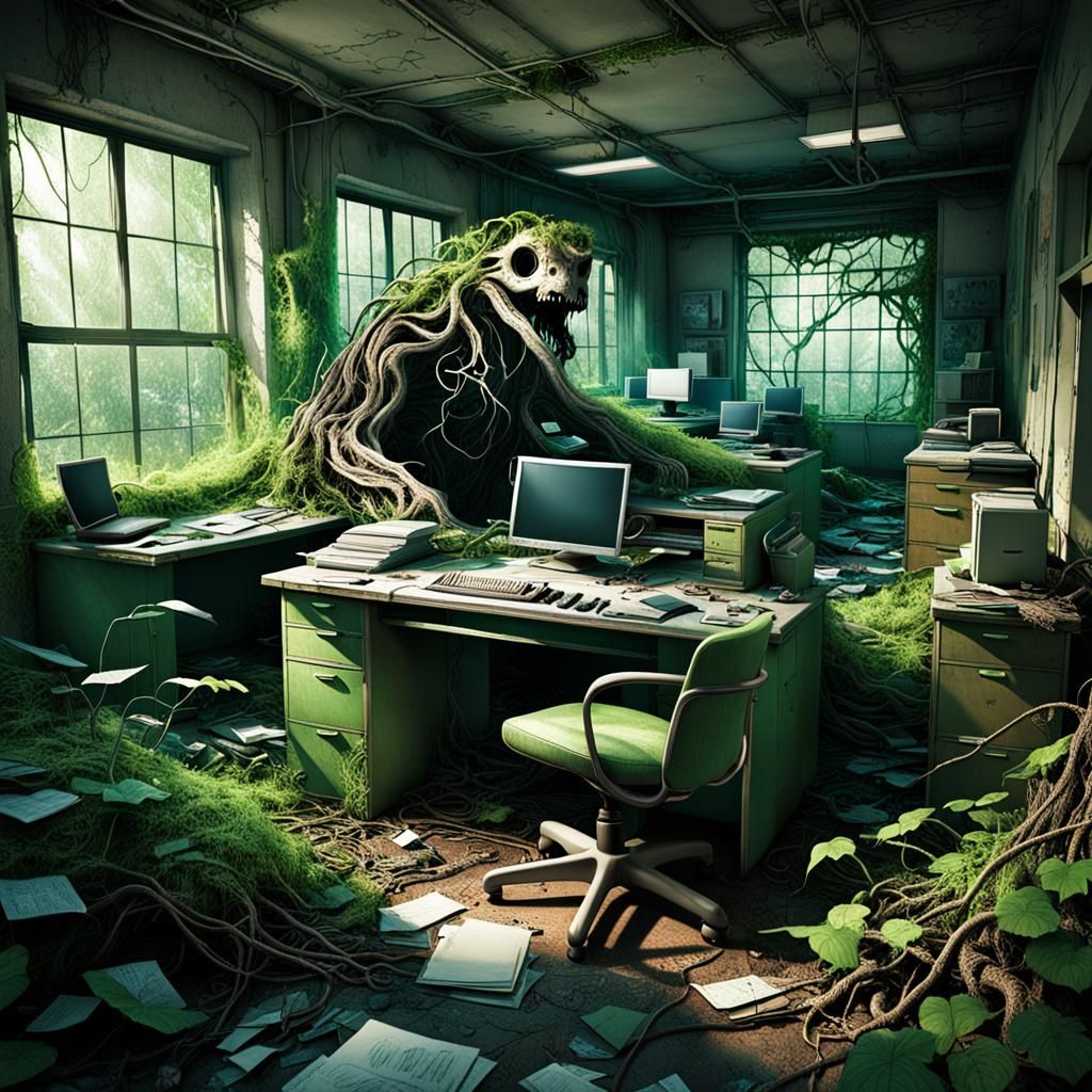 workspace is depicted, reclaimed by nature.