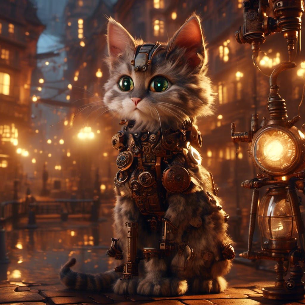 <lora:Steampunk Madness:1.0> A steampunk robotic kitten wondering in a steampunk city, the scene is filled with beautiful warm lighting