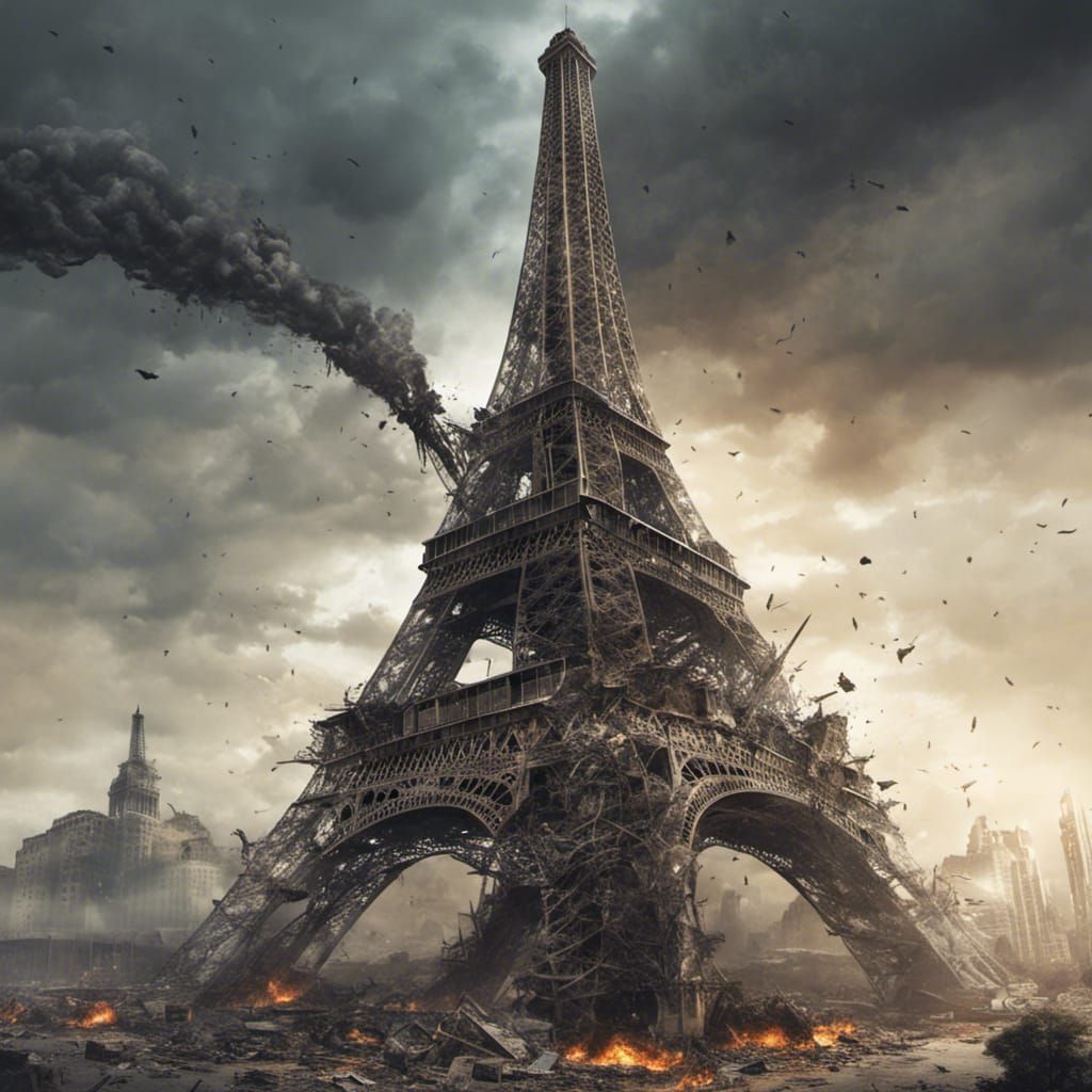 Eiffel Tower destroyed in the dystopian future, apocalypse