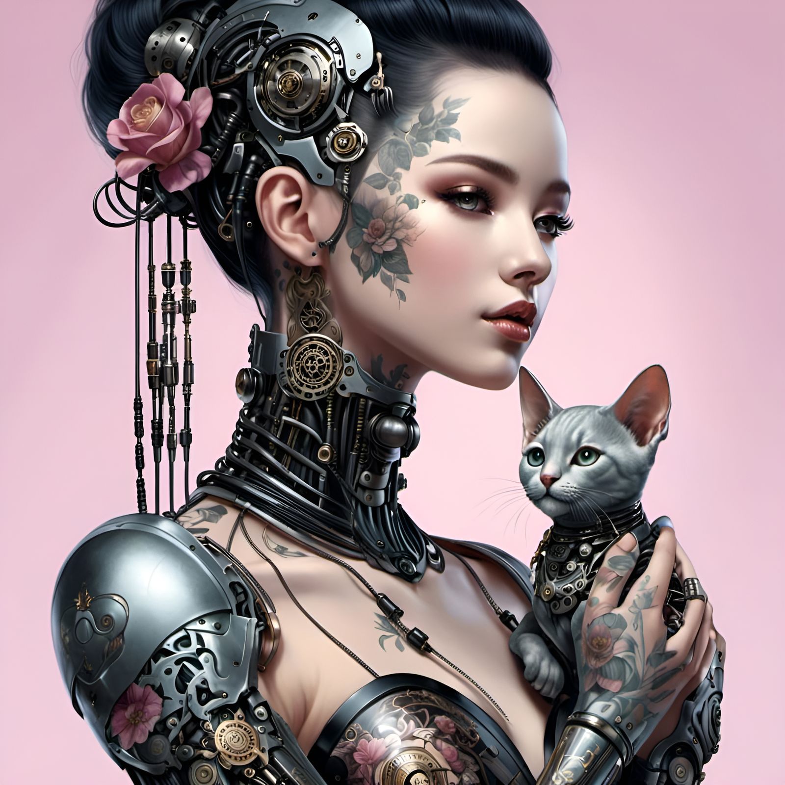  <lora:Crimson:1.0>A beautiful cyberpunk humanoid with digital tattoos holding a cat