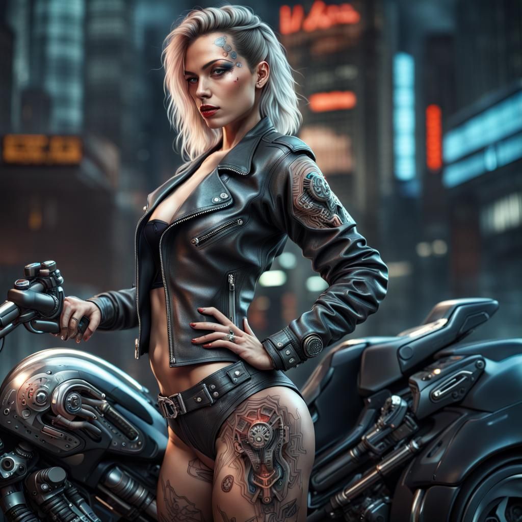 cyborg beautiful woman in motorbike leather jacket