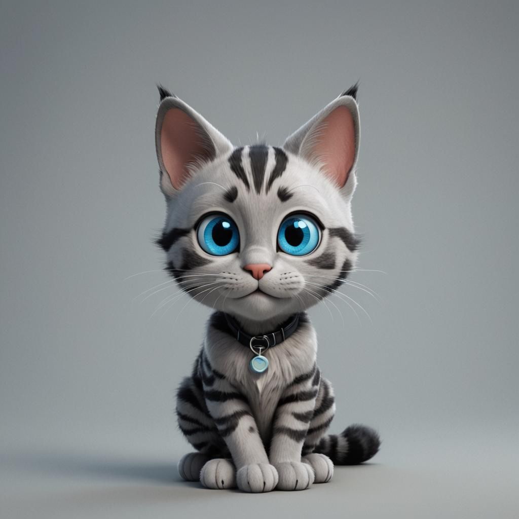 light gray with light black stripes cat, blue eyes, happy face, pixar style, 3d, sitting looking forward, neutral background, do not create...
