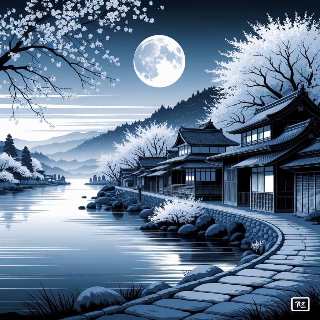A serene Japanese village nestled beside a tranquil lake, bathed in the soft, ethereal light of a full moon. White cherry blossoms drift gen...