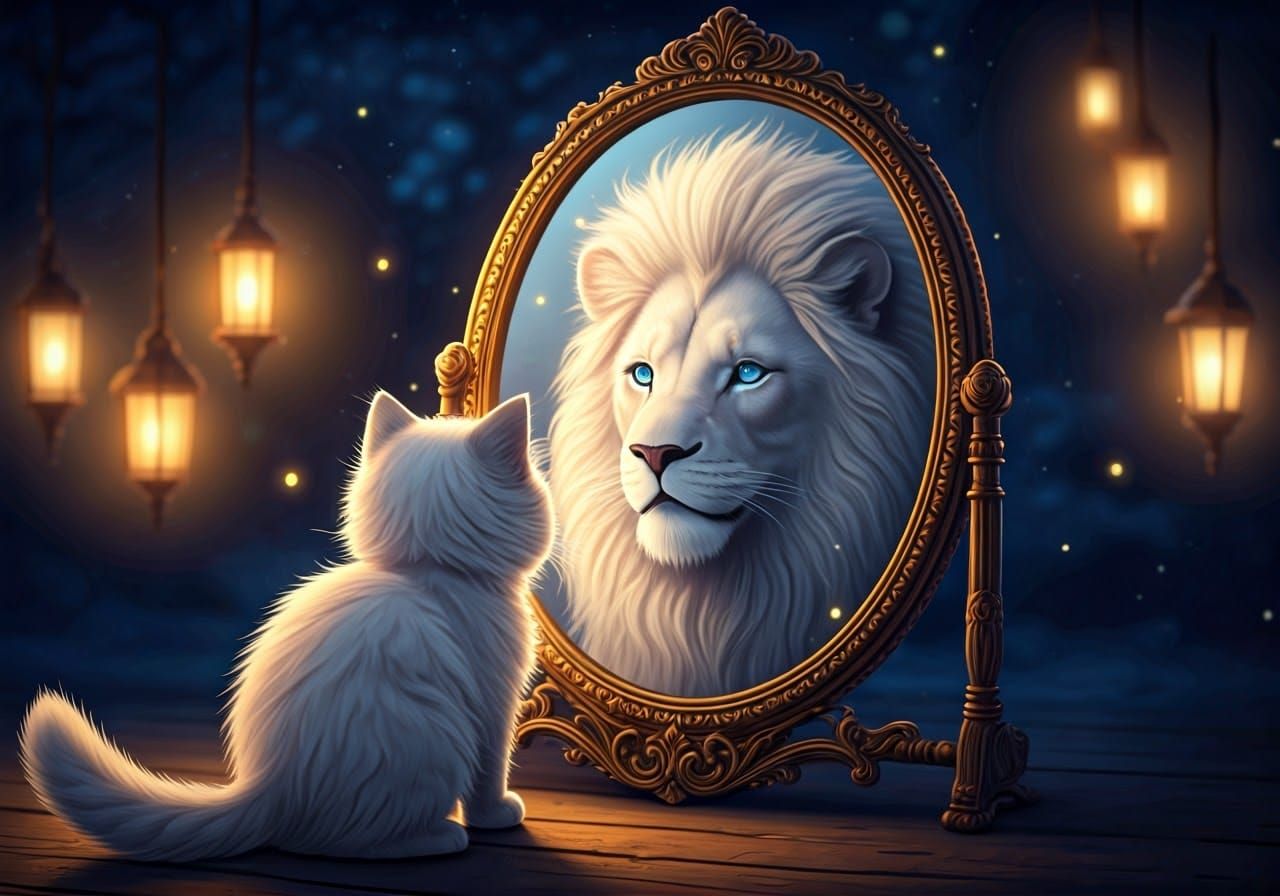 A highly detailed and magical scene featuring a small, fluffy white cat standing in front of a reflective ...  by @Here I am Once again