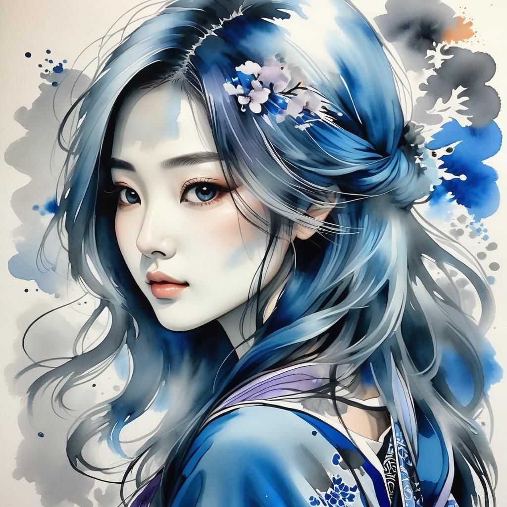 WATERCOLOR - - BLUE GIRL - AI Generated Artwork - NightCafe Creator