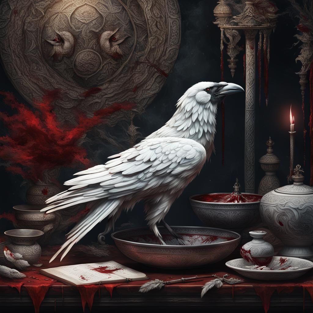 cover of the book, a drawn white raven with bloody feathers,...