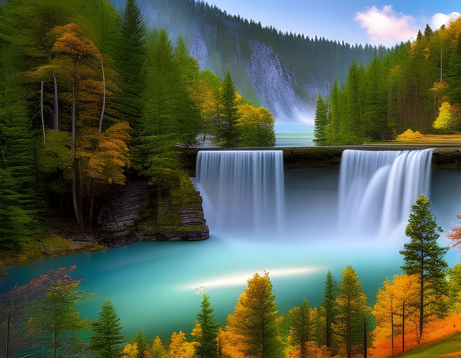 beautiful landscape of Waterfalls on mountain lake at sunset...