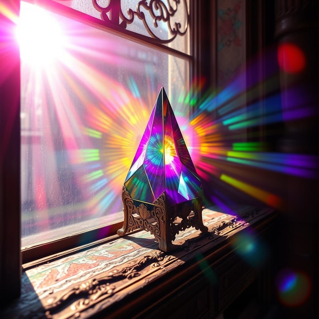 Sunlight shining through a prism on a window sill  by @VeganTrekfan