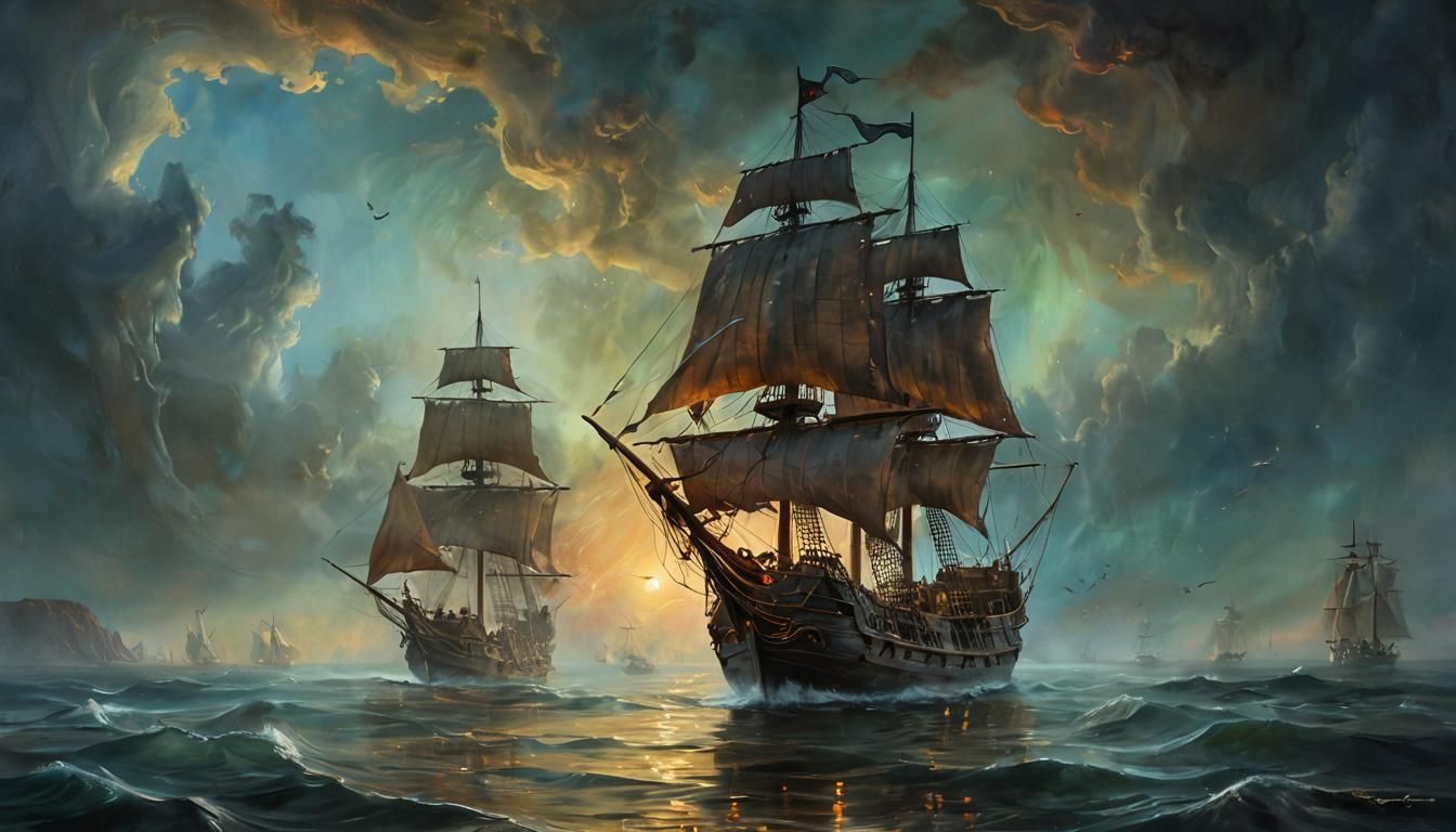 Pirate Ghost Ship at Twilight  by @MyChaoticCrayons