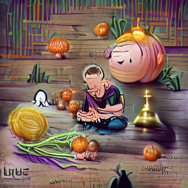Linus praying to the Halloween Onion , detailed, digital ill...