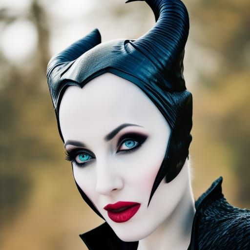 very pale girl,As maleficent,with dark hair out and flying up in sky ...