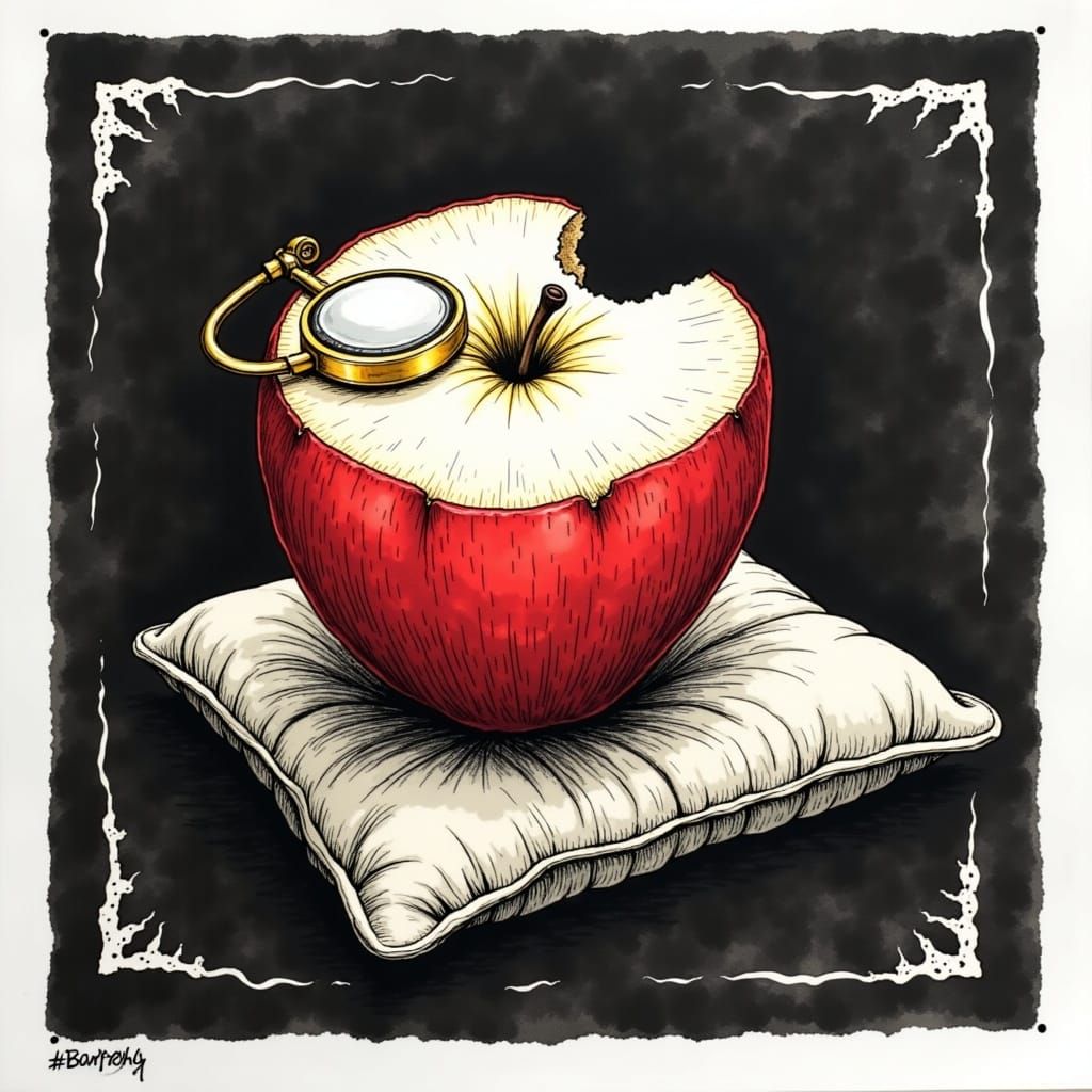 <lora:Ink Prints:1.0> A tiny golden monocle, slightly too big for Bartok’s face, resting on a velvet cushion. Next to it, a bright red apple...