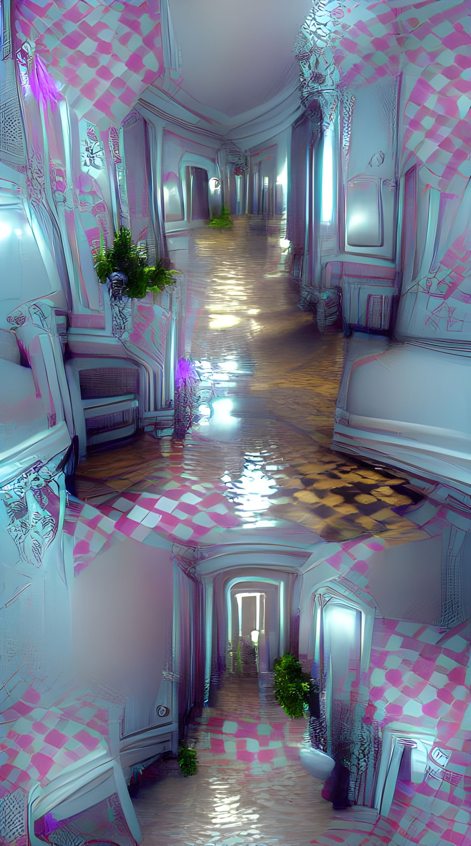 Flooded rococo aesthetic hallway with checkered floors.
