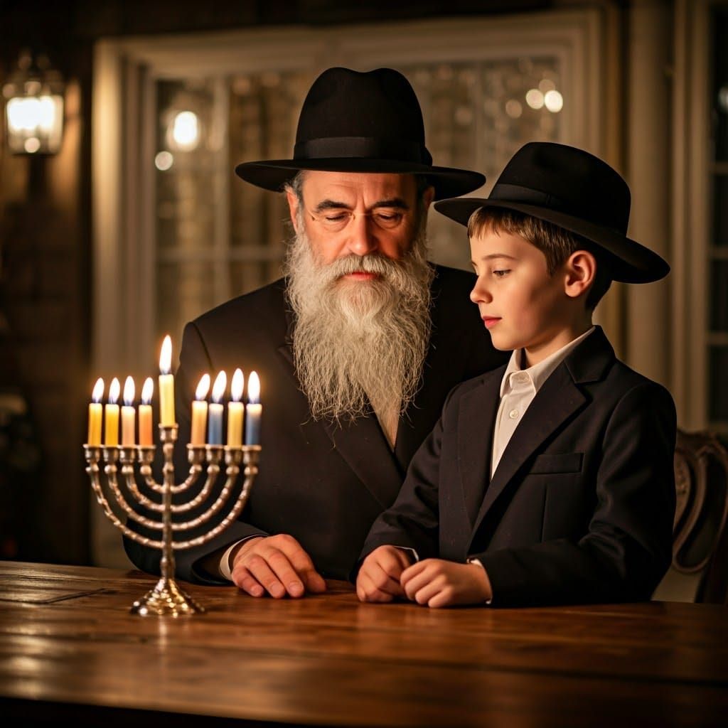 Traditional Chasidic Boy Illuminates Hanukkah Menorah