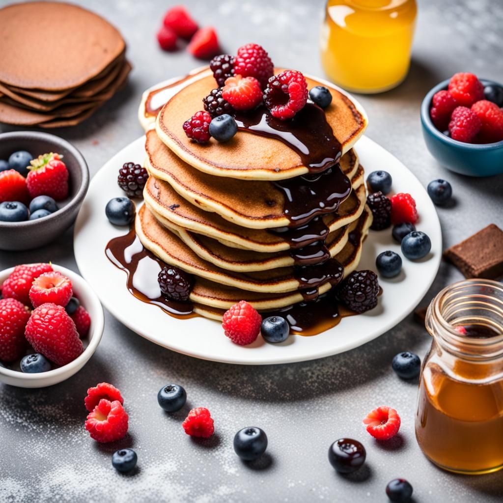 Fresh pancakes with berries, brownie chunks and syrup  by @Laevos