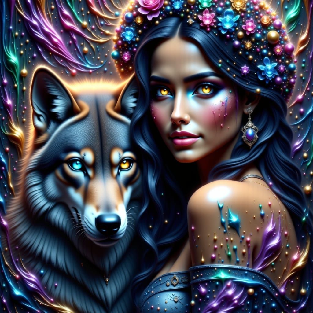 Hyperrealistic Woman and Wolf in Moody, Cinematic Scene