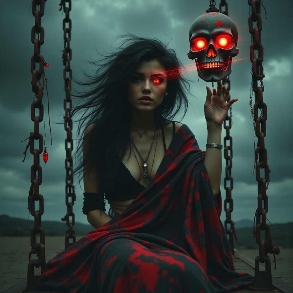 Woman on Swing with Skull, Biomechanical Horror Style