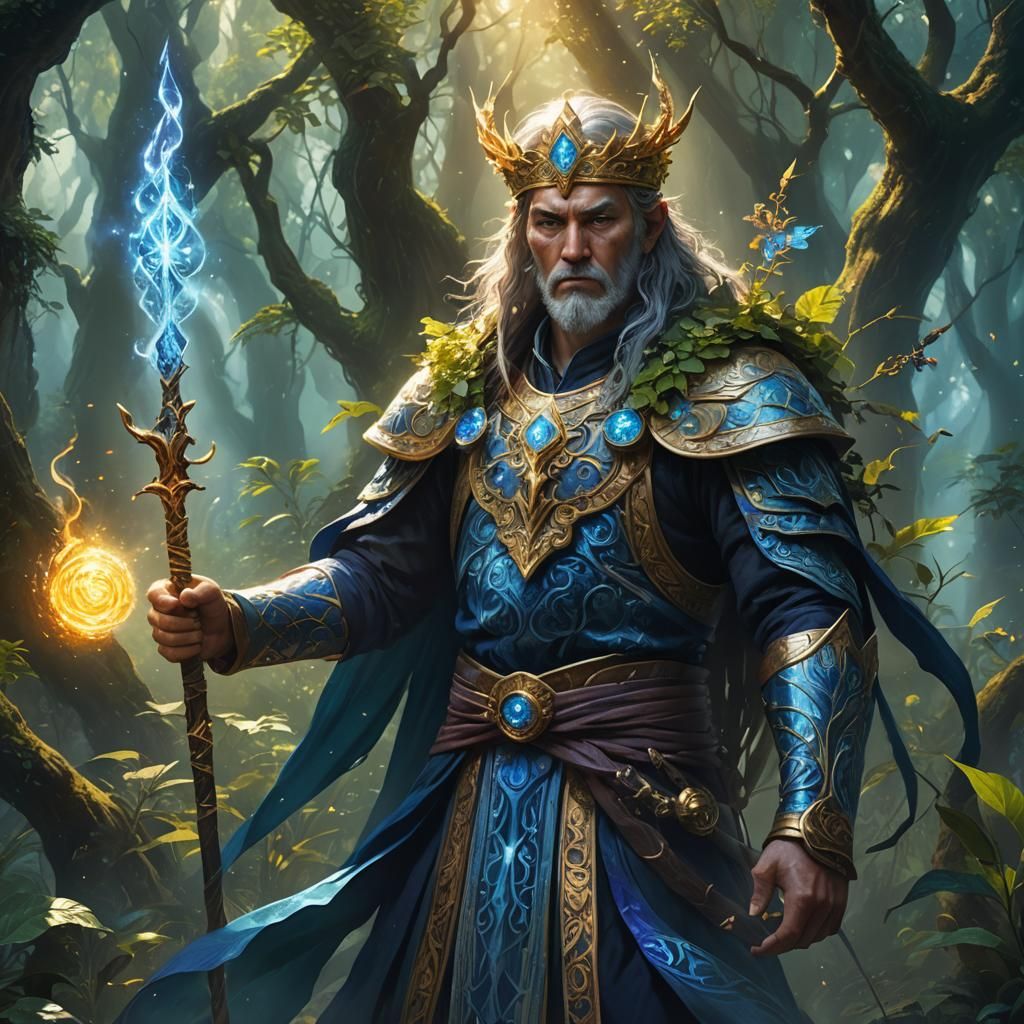 Zinzan Wielding Staff Amid Mystical Foliage