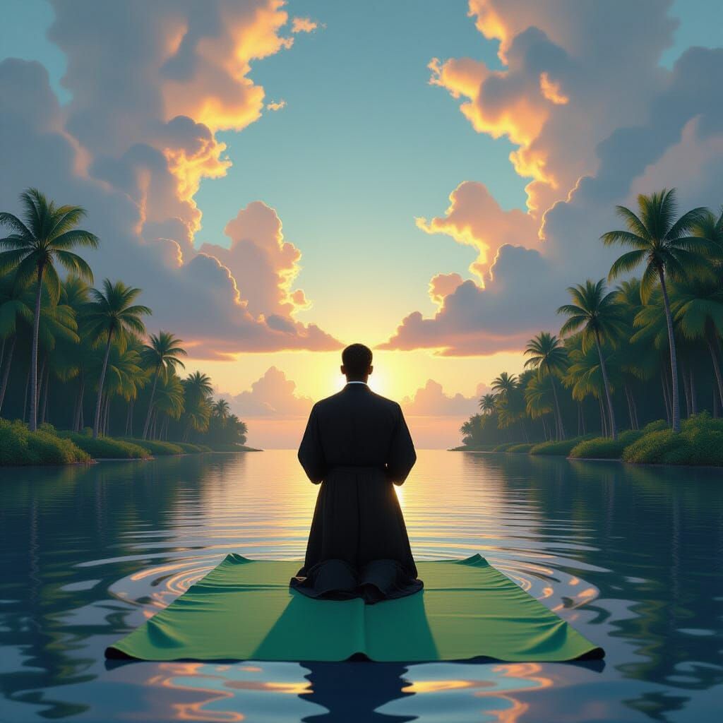 Una sábana verde, una hielera de árboles gigantes al fondo, en el centro y ocupando todo el espacio un sacerdote reza, la sotana es de color...