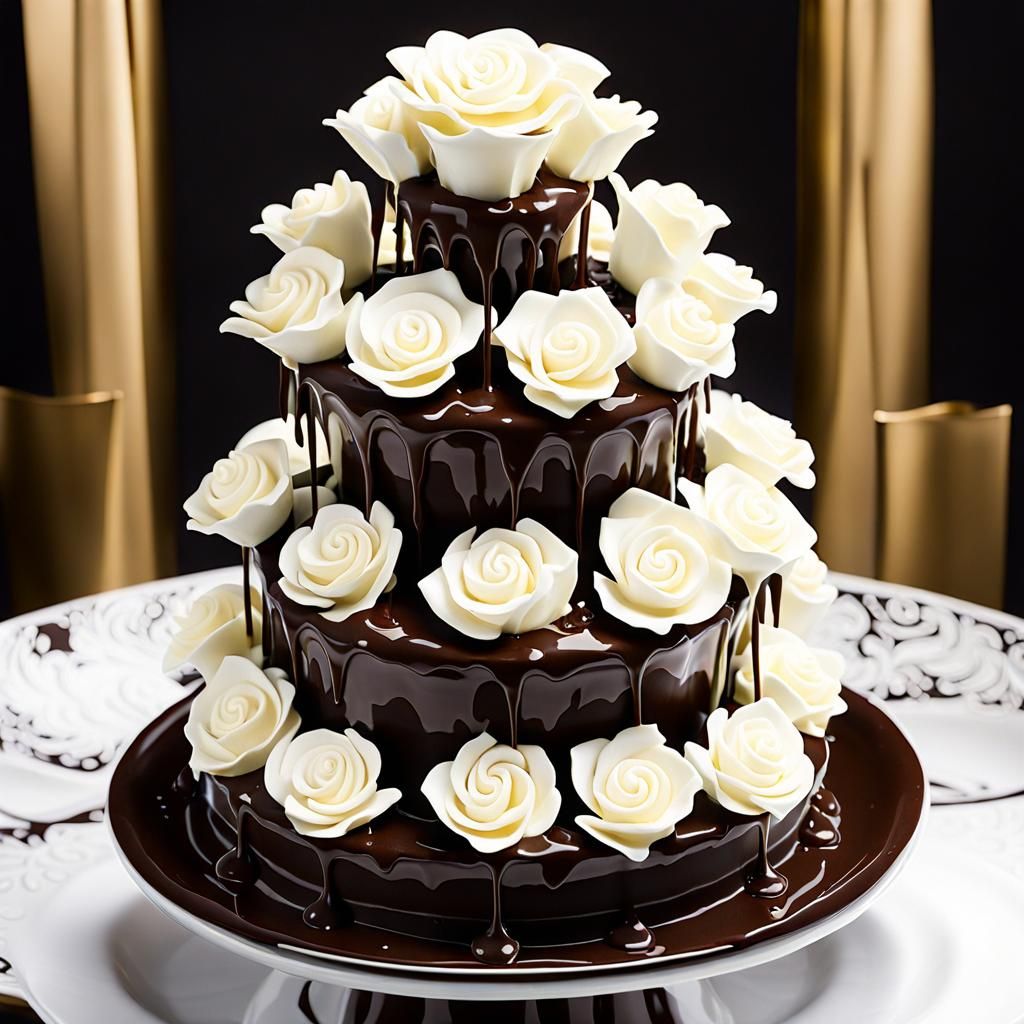 White chocolate roses floating in a dark chocolate fountain   by @Fredericco
