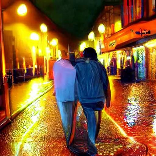 Couple walking down the street late at night in the rain