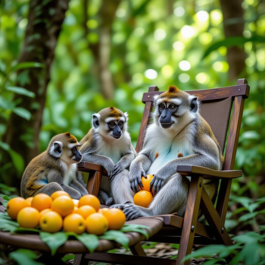 Jungle Rocking Chair with Tropical Fruits and Monkeys