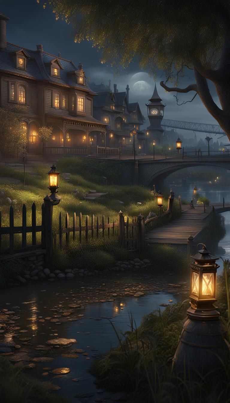 Haunted Cityscape with Lantern Light
