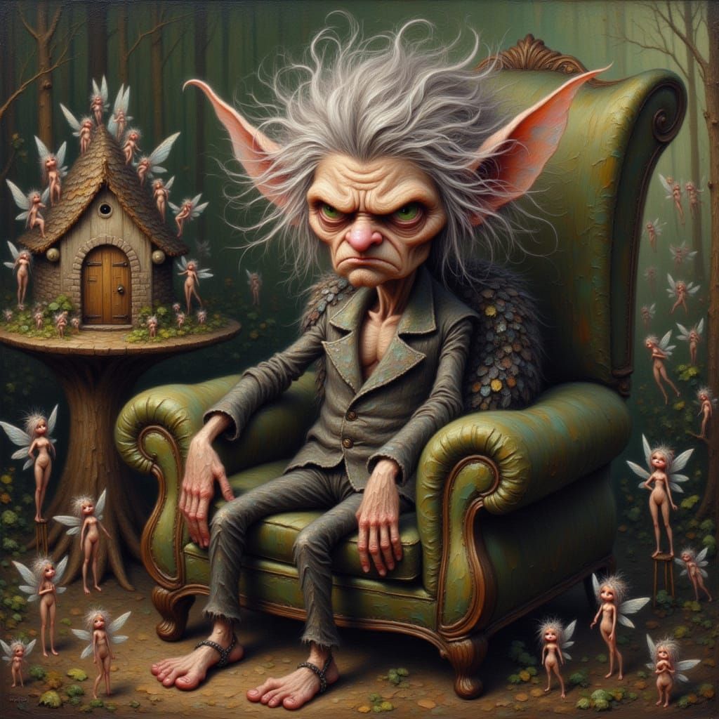 <lora:Kak-moodyfairy:1.0>Impasto painting, Moody, frown, skinny elf wearing a dark patchwork suit, wrinkled face, sitting on a Vintage chair...