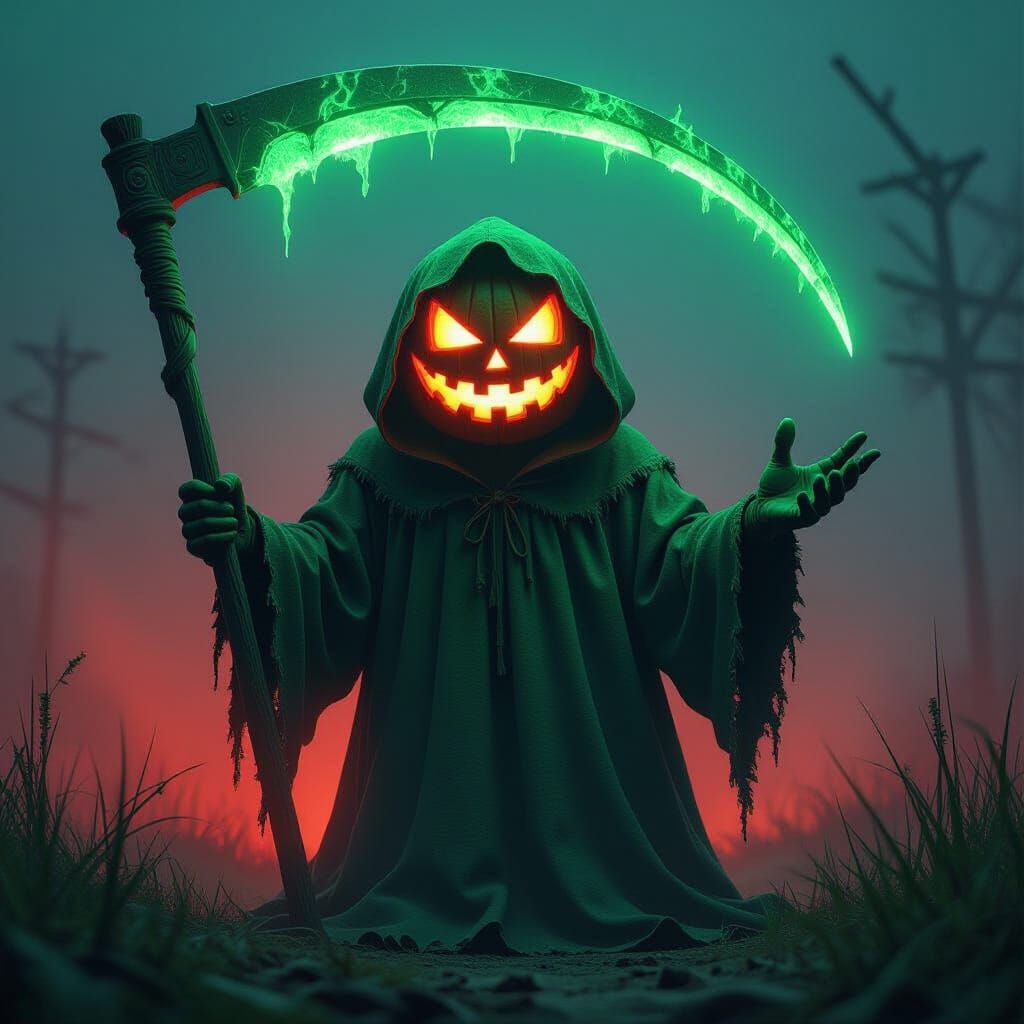 in the ominous darkness suddenly appears photorealistic jack-o-lantern, in green clothes with crooked hands, terrible scythe burning with de...