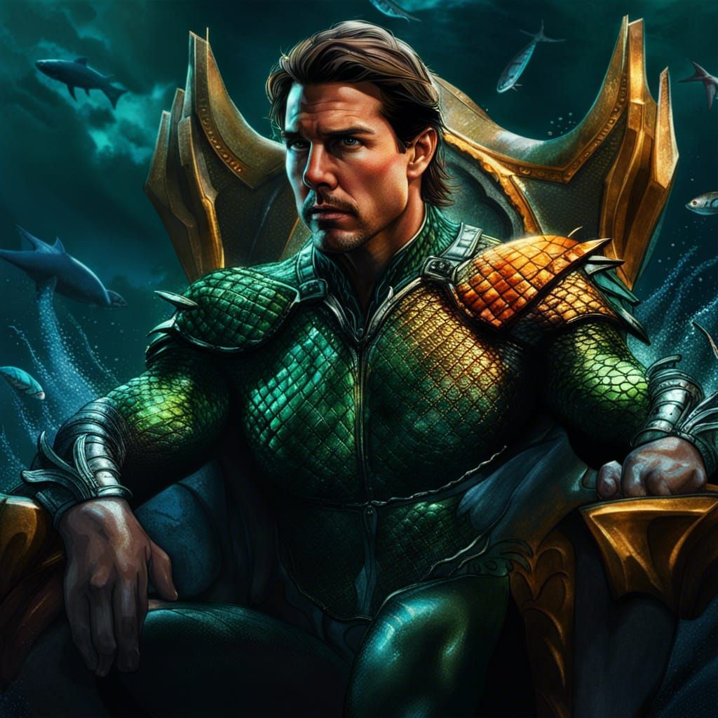 Tom cruise as Aquaman, under the ocean, sitting on the thron...